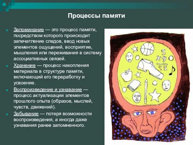 Процессы памяти Запоминание — это процесс памяти, посредством которого происходит запечатление