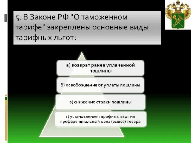 5. В Законе РФ "О таможенном тарифе" закреплены основные виды тарифных льгот: