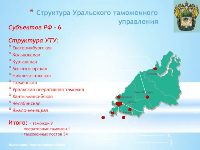 Структура Уральского таможенного управления Cубъектов РФ – 6 Структура УТУ: Екатеринбургская