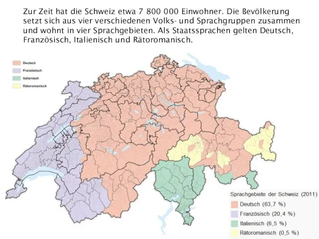 Zur Zeit hat die Schweiz etwa 7 800 000 Einwohner. Die