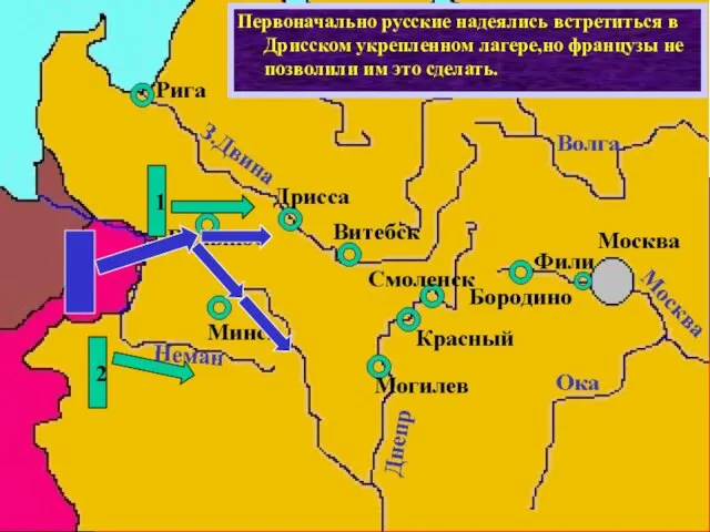 Действия французов заставили русское командо-вание начать отступление,чтобы не дать Напо-леону разбить