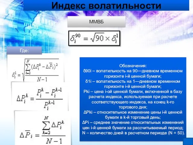 Индекс волатильности ММВБ Где: Обозначения: δ90i – волатильность на 90—дневном временном