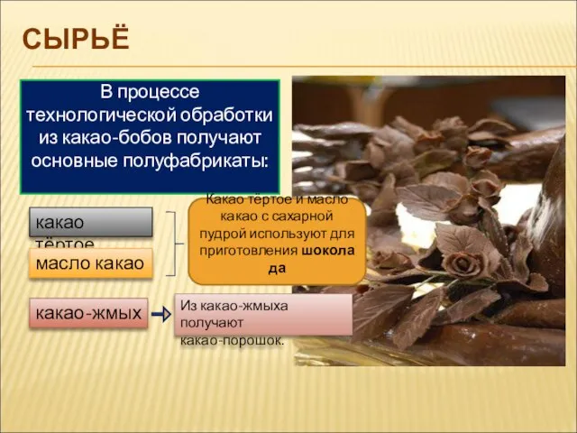 СЫРЬЁ Из какао-жмыха получают какао-порошок. В процессе технологической обработки из какао-бобов