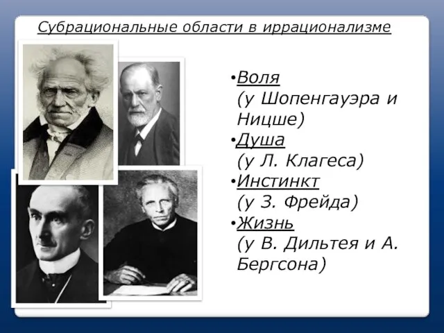 Субрациональные области в иррационализме Воля (у Шопенгауэра и Ницше) Душа (у