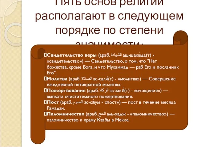 Пять основ религии располагают в следующем порядке по степени значимости: Свидетельство