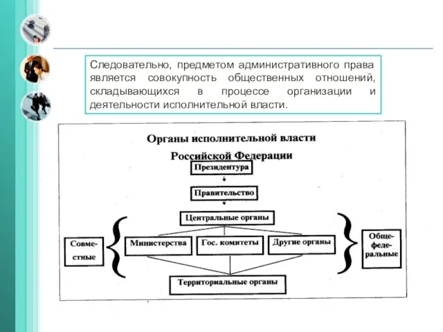 Следовательно, предметом административного права является совокупность общественных отношений, складывающихся в процессе организации и деятельности исполнительной власти.