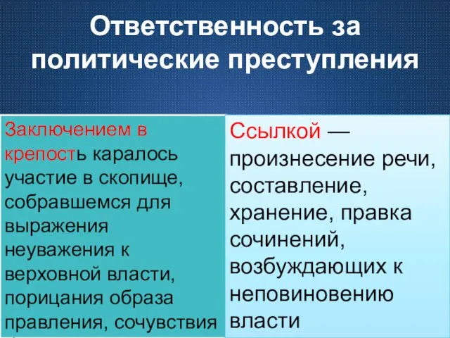 Ответственность за политические преступления Заключением в крепость каралось участие в скопище,