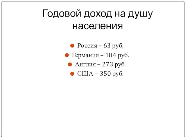 Годовой доход на душу населения Россия – 63 руб. Германия –