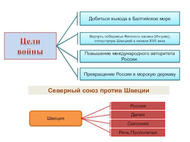 Добиться выхода в Балтийское море Вернуть побережье Финского залива (Ингрию), отторгнутую