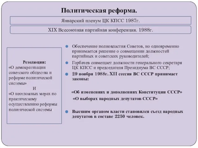 Политическая реформа. Обеспечение полновластия Советов, но одновременно принимается решение о совмещении