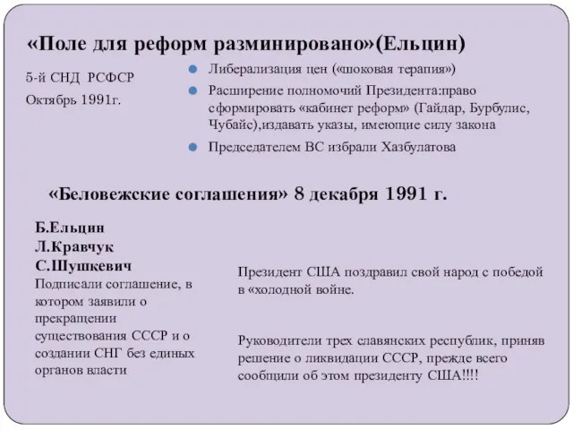 «Поле для реформ разминировано»(Ельцин) 5-й СНД РСФСР Октябрь 1991г. Либерализация цен