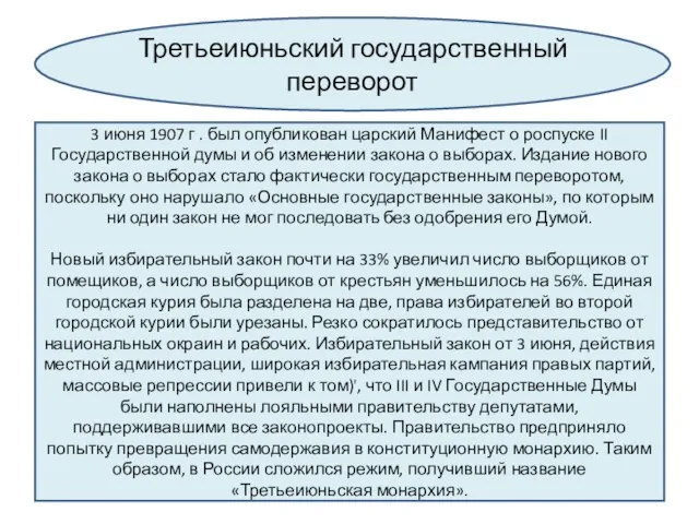 Третьеиюньский государственный переворот 3 июня 1907 г . был опубликован царский