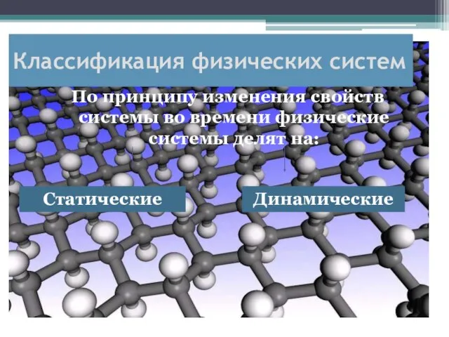 По принципу изменения свойств системы во времени физические системы делят на: Классификация физических систем Статические Динамические