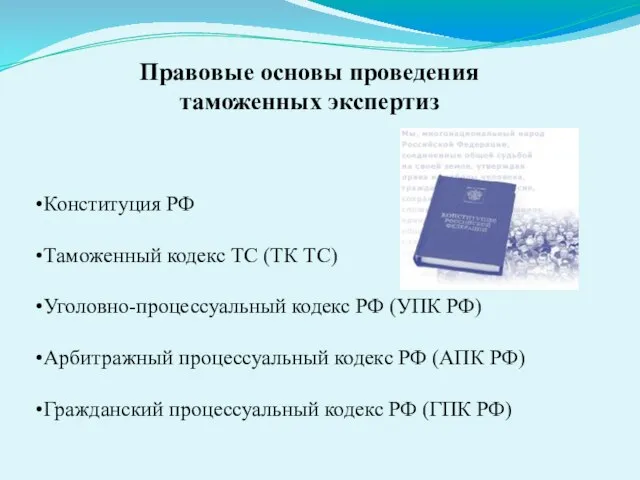 Правовые основы проведения таможенных экспертиз Конституция РФ Таможенный кодекс ТС (ТК