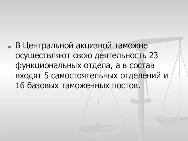 В Центральной акцизной таможне осуществляют свою деятельность 23 функциональных отдела, а