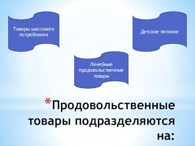 Продовольственные товары подразделяются на: Товары массового потребления Лечебные продовольственные товары Детское питание