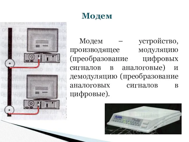 Модем – устройство, производящее модуляцию (преобразование цифровых сигналов в аналоговые) и