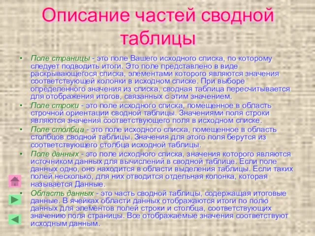 Описание частей сводной таблицы Поле страницы - это поле Вашего исходного