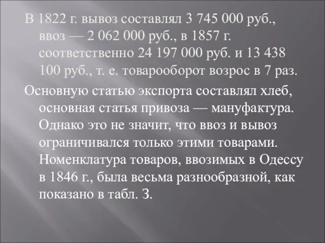 В 1822 г. вывоз составлял 3 745 000 руб., ввоз —