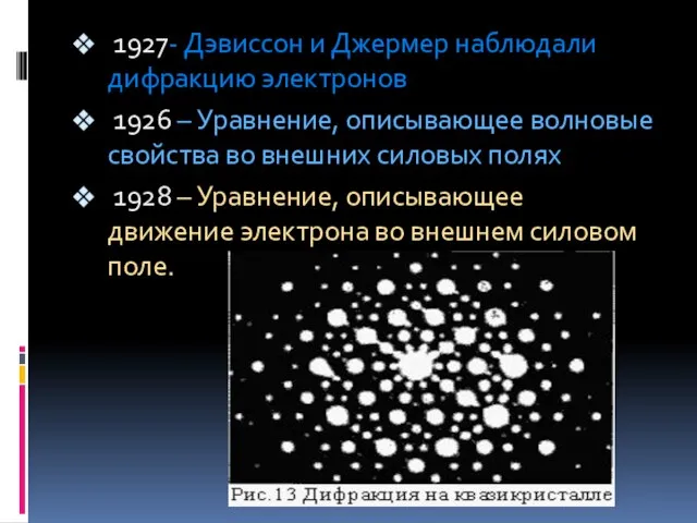1927- Дэвиссон и Джермер наблюдали дифракцию электронов 1926 – Уравнение, описывающее