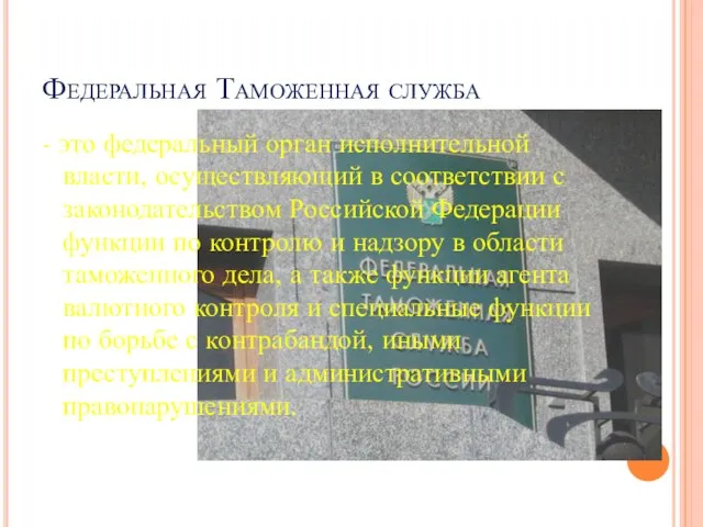 Федеральная Таможенная служба - это федеральный орган исполнительной власти, осуществляющий в