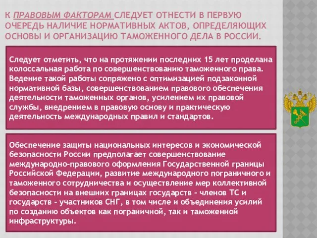 К правовым факторам следует отнести в первую очередь наличие нормативных актов,