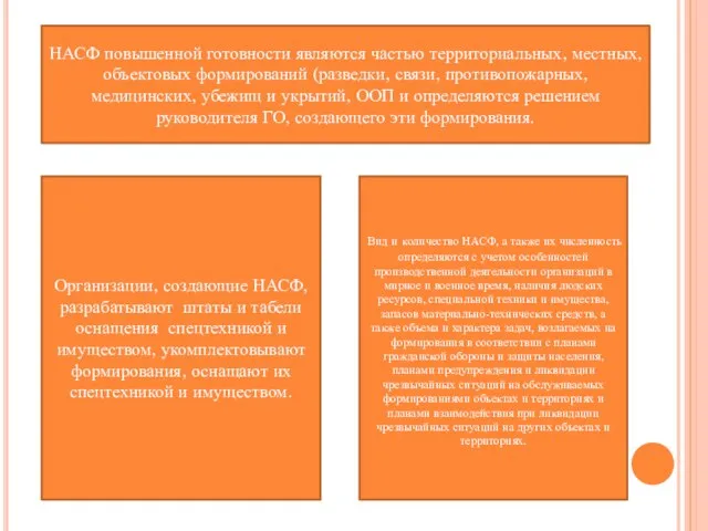 НАСФ повышенной готовности являются частью территориальных, местных, объектовых формирований (разведки, связи,