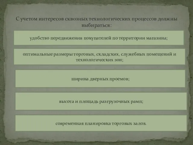 С учетом интересов сквозных технологических процессов должны выбираться: удобство передвижения покупателей