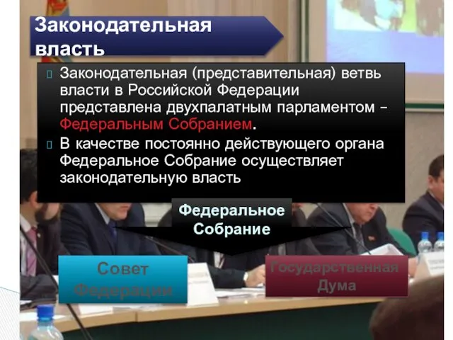 Законодательная (представительная) ветвь власти в Российской Федерации представлена двухпалатным парламентом –