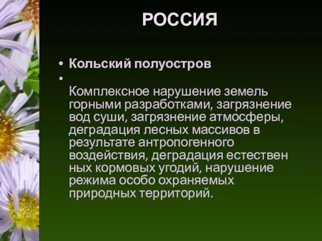 РОССИЯ Кольский полуостров Комплексное нарушение земель горными разработками, загрязнение вод суши,