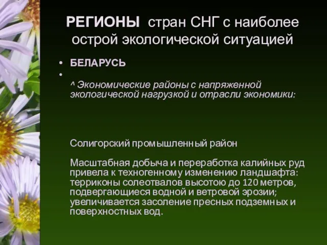 РЕГИОНЫ стран СНГ с наиболее острой экологической ситуацией БЕЛАРУСЬ ^ Экономические