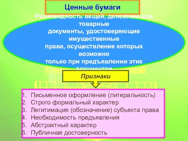 Ценные бумаги Разновидность вещей, денежные или товарные документы, удостоверяющие имущественные права,