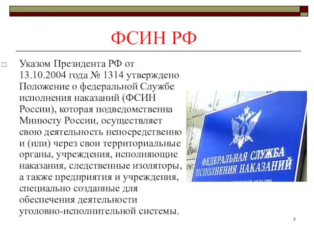 ФСИН РФ Указом Президента РФ от 13.10.2004 года № 1314 утверждено