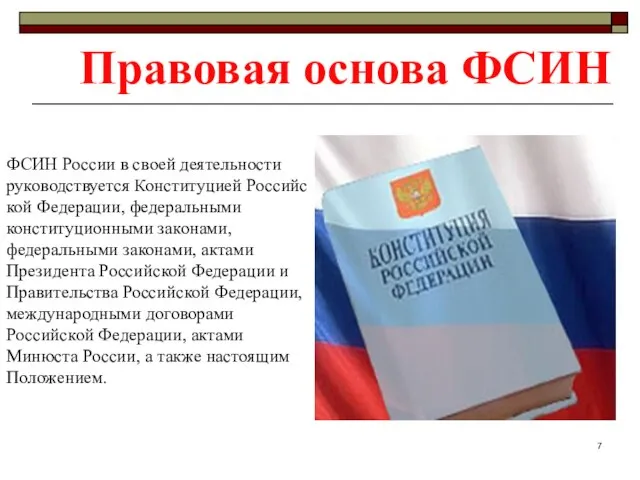 ФСИН России в своей деятельности руководствуется Конституцией Российской Федерации, федеральными конституционными