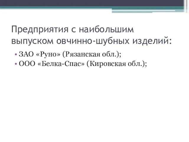 Предприятия с наибольшим выпуском овчинно-шубных изделий: ЗАО «Руно» (Рязанская обл.); ООО «Белка-Спас» (Кировская обл.);