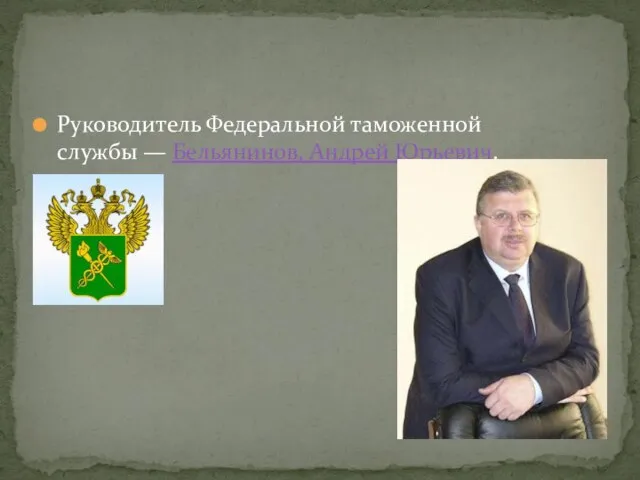 Руководитель Федеральной таможенной службы — Бельянинов, Андрей Юрьевич.