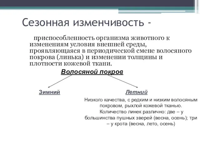 Сезонная изменчивость - приспособленность организма животного к изменениям условия внешней среды,