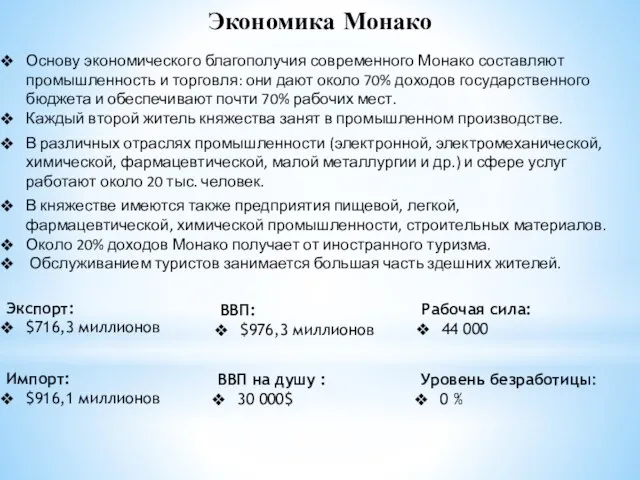 Экономика Монако Основу экономического благополучия современного Монако составляют промышленность и торговля: