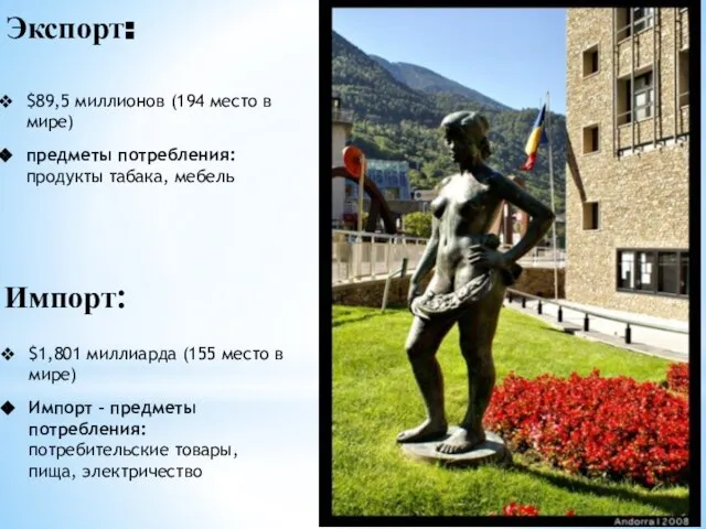 Экспорт: $89,5 миллионов (194 место в мире) предметы потребления: продукты табака,