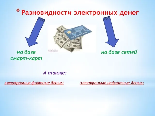 Разновидности электронных денег на базе смарт-карт на базе сетей А также: