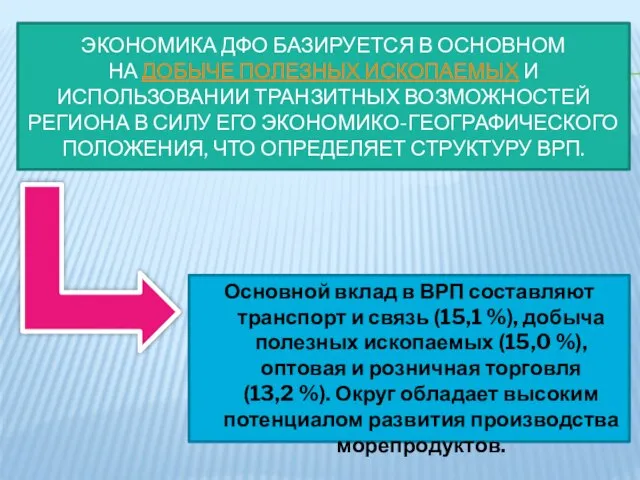 Экономика ДФО базируется в основном на добыче полезных ископаемых и использовании