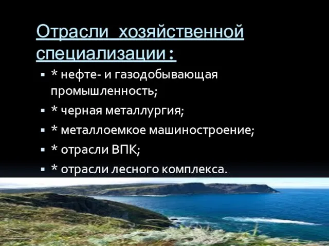 Отрасли хозяйственной специализации: * нефте- и газодобывающая промышленность; * черная металлургия;