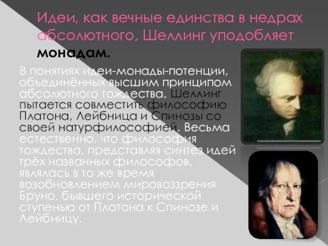 Идеи, как вечные единства в недрах абсолютного, Шеллинг уподобляет монадам. В