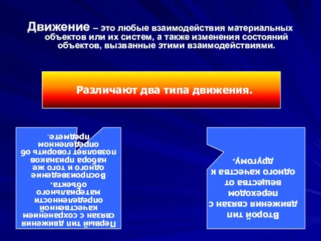 Движение – это любые взаимодействия материальных объектов или их систем, а
