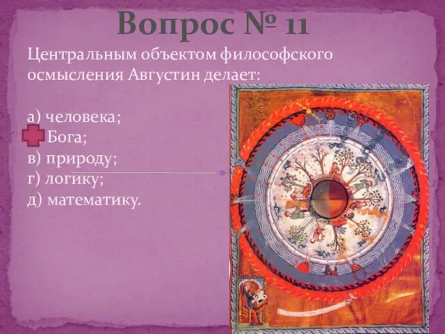 Центральным объектом философского осмысления Августин делает: а) человека; б) Бога; в)