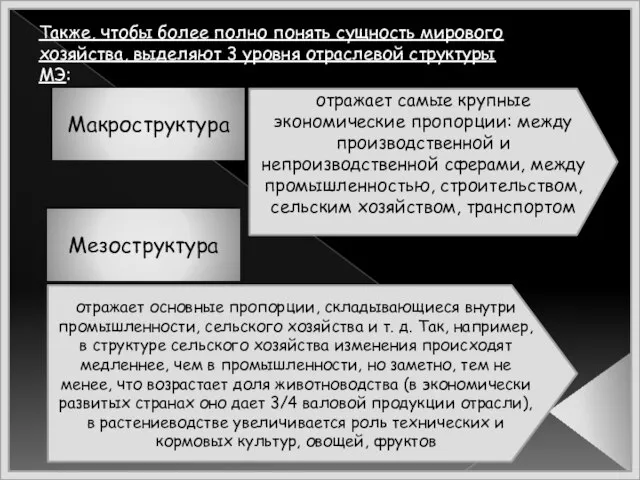 Также, чтобы более полно понять сущность мирового хозяйства, выделяют 3 уровня