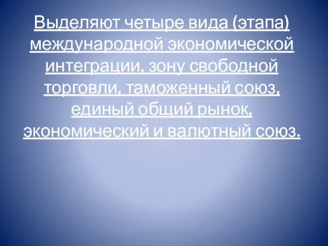 Выделяют четыре вида (этапа) международной экономической интеграции, зону свободной торговли, таможенный