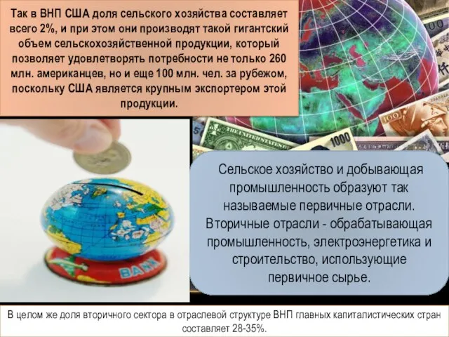 Так в ВНП США доля сельского хозяйства составляет всего 2%, и