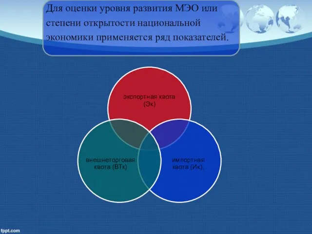 Для оценки уровня развития МЭО или степени открытости национальной экономики применяется ряд показателей.