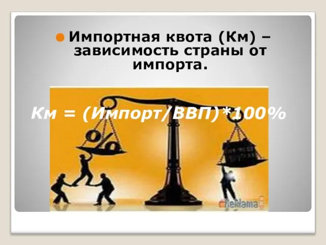 Импортная квота (Км) – зависимость страны от импорта. Км = (Импорт/ВВП)*100%